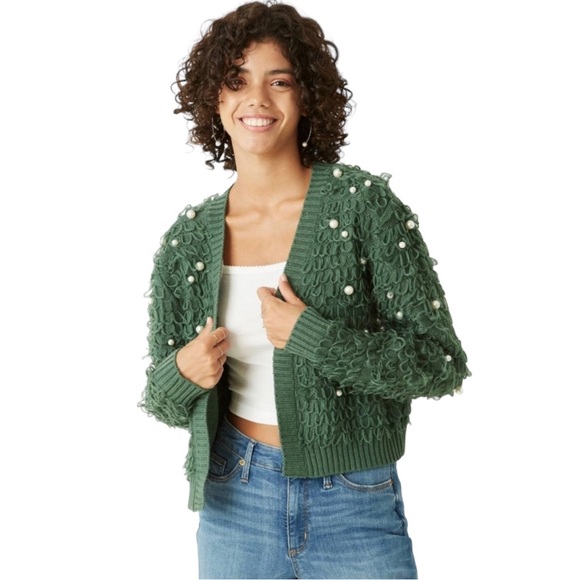 Mighty Fine Sweaters - MIGHTY FINE PEARL EMBELLISHED CARDIGAN SWEATER XL HUNTER GREEN